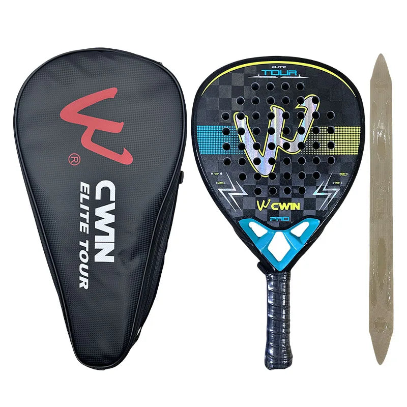 Pala de padel CAMEWIN Elite Tour 18K bleue posée à côté de sa housse