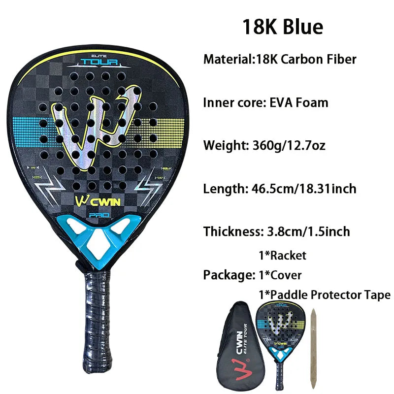 Caractéristiques de la pala CAMEWIN Elite Tour 18K bleue : 360 g, 46,5 cm, 38 mm