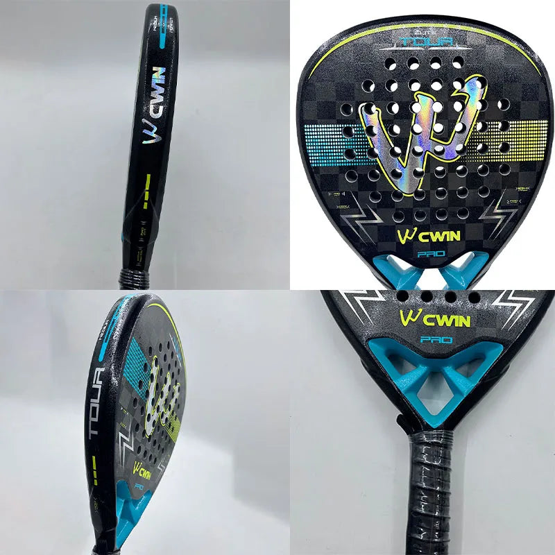 Détails de la pala CAMEWIN Elite Tour 18K bleue : face, tranche et cœur