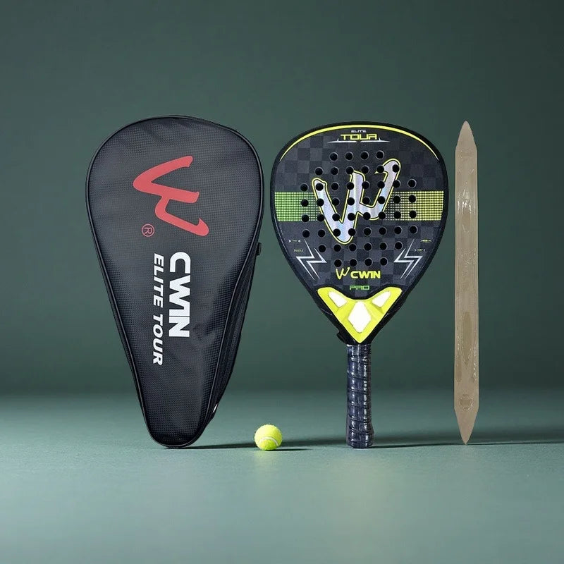 Pala de padel CAMEWIN Elite Tour 18K jaune avec sa housse, vue de face et de profil