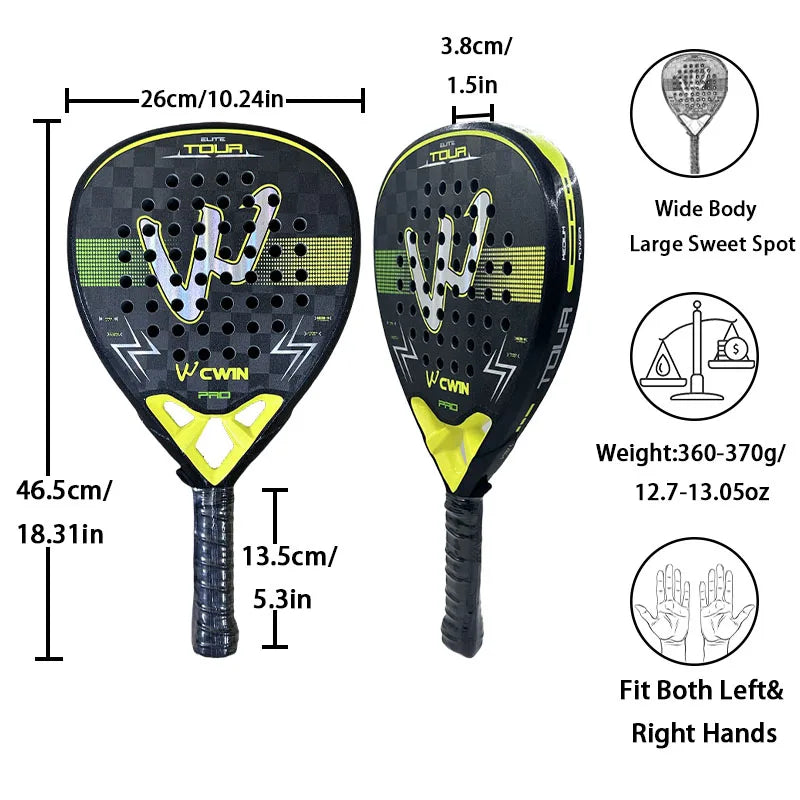 Schéma coté de la pala CAMEWIN Elite Tour 18K : 46,5 cm de long, 26 cm de large, 38 mm d'épaisseur